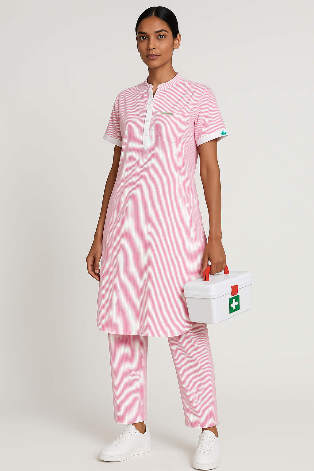 Medical Women Chinese Collar With Placket Neck Pink Scrub