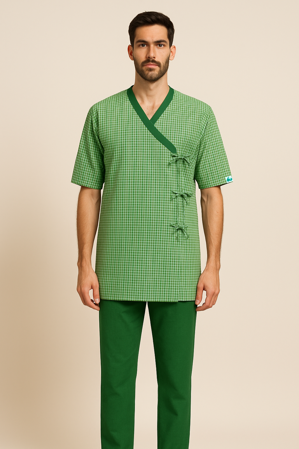 Green V Neck Patient Dress For Men