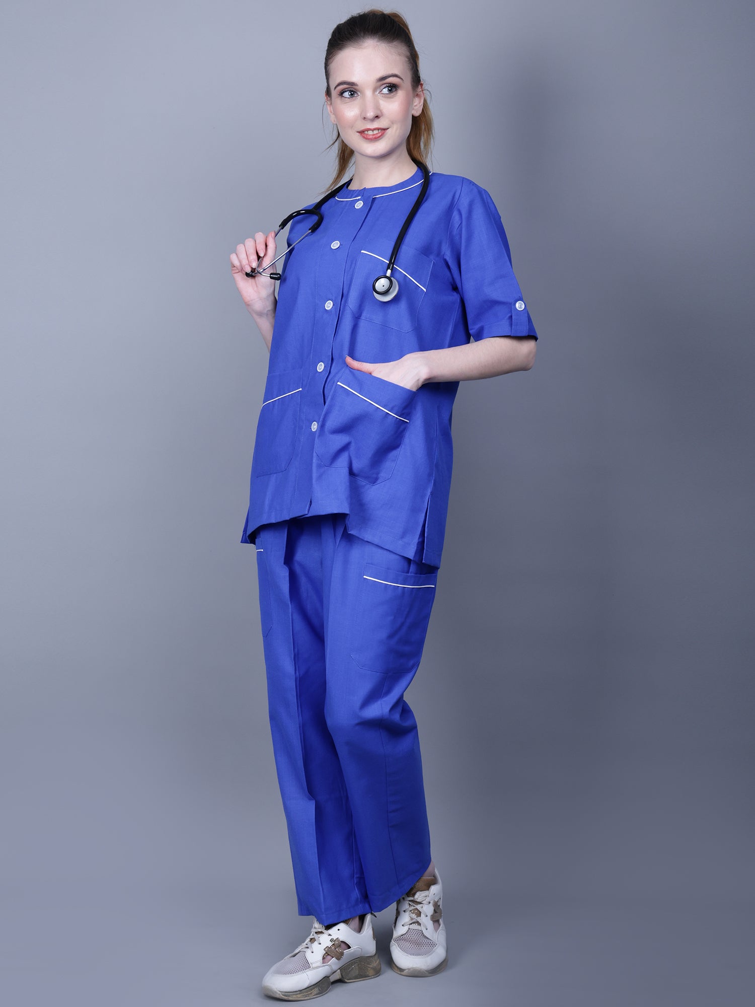 Medical Unisex Chinese Collar Blue Active Scrub