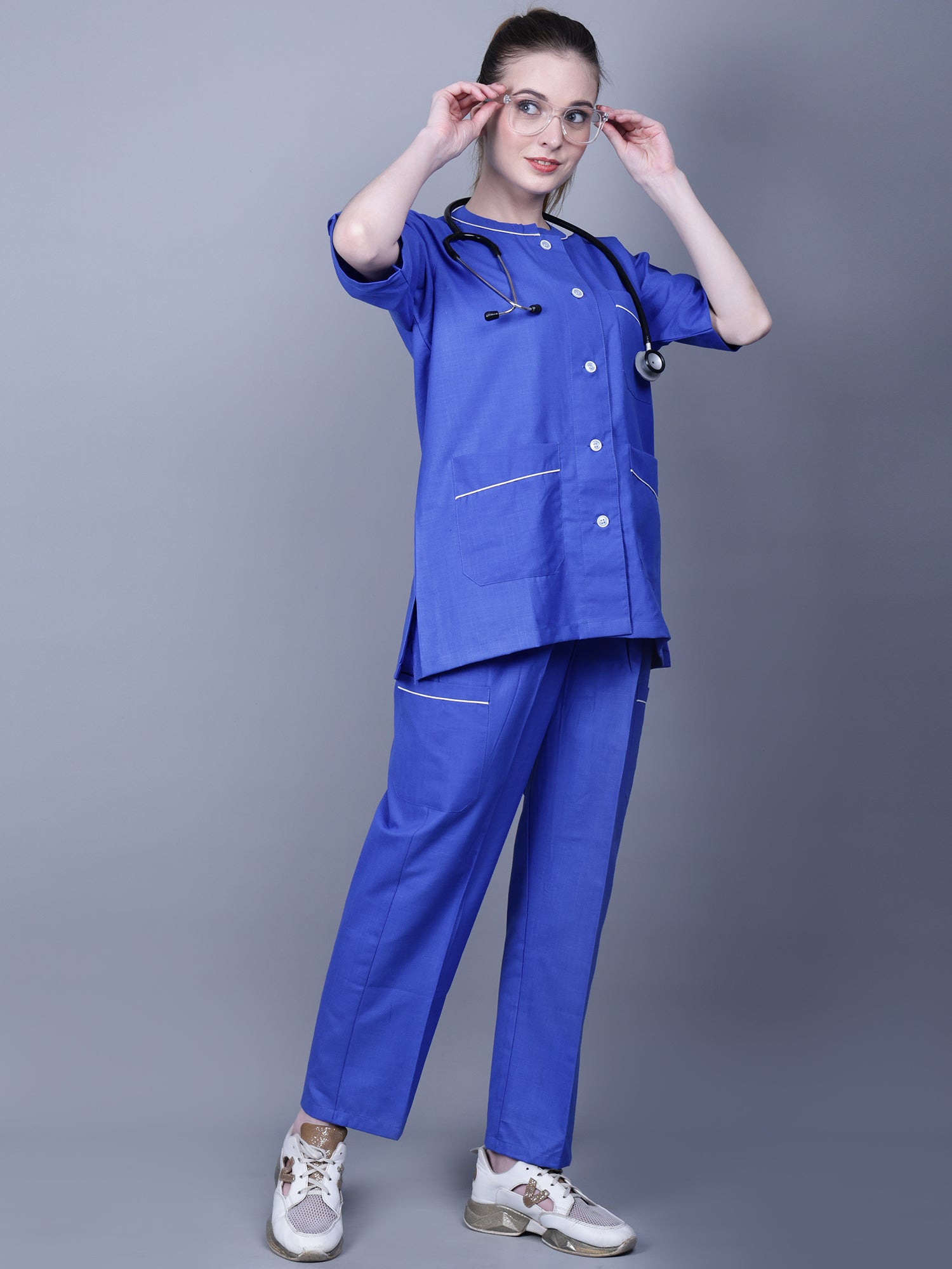 Medical Unisex Chinese Collar Blue Active Scrub