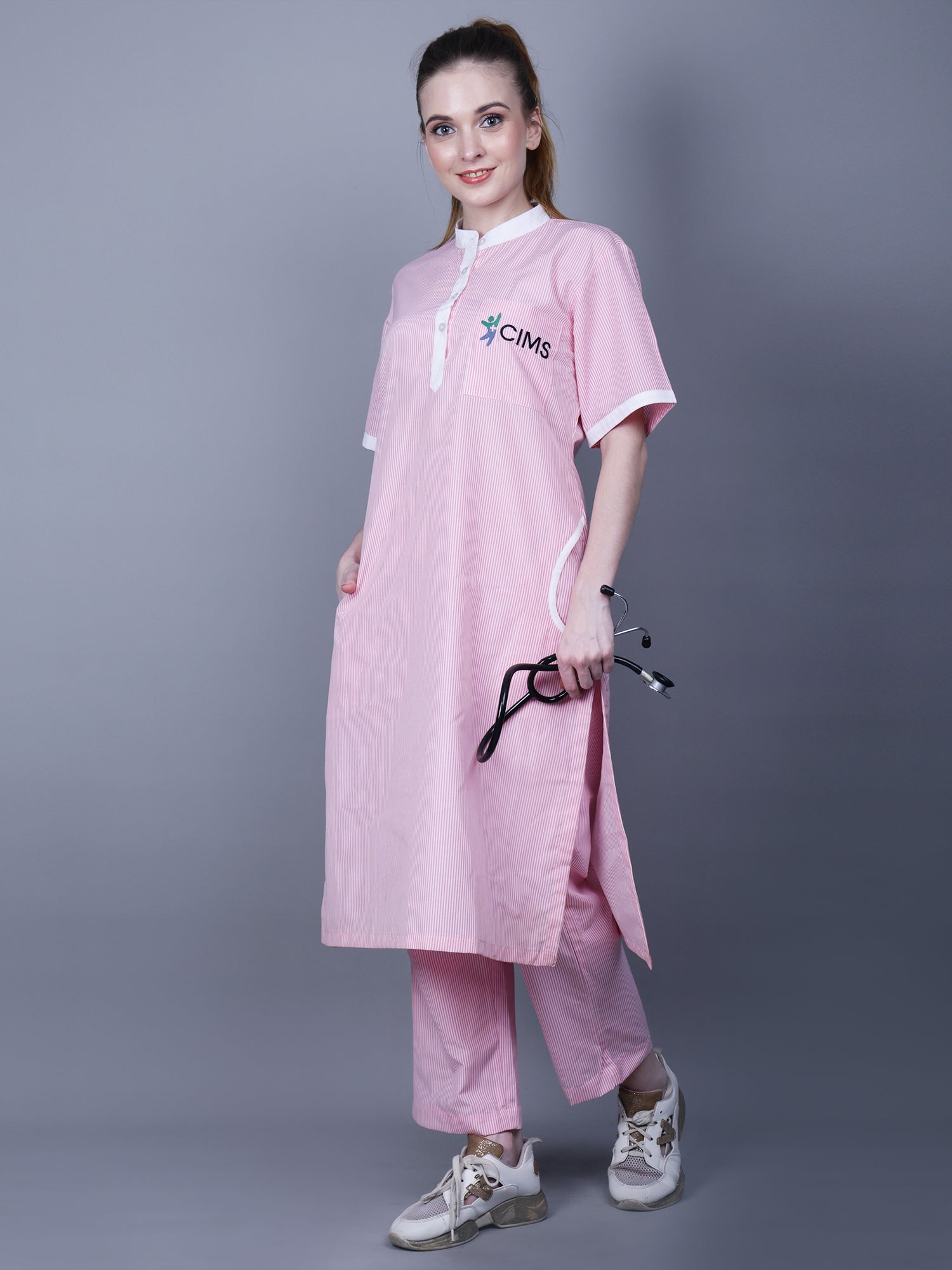 Medical Women Chinese Collar With Placket Neck Pink Scrub