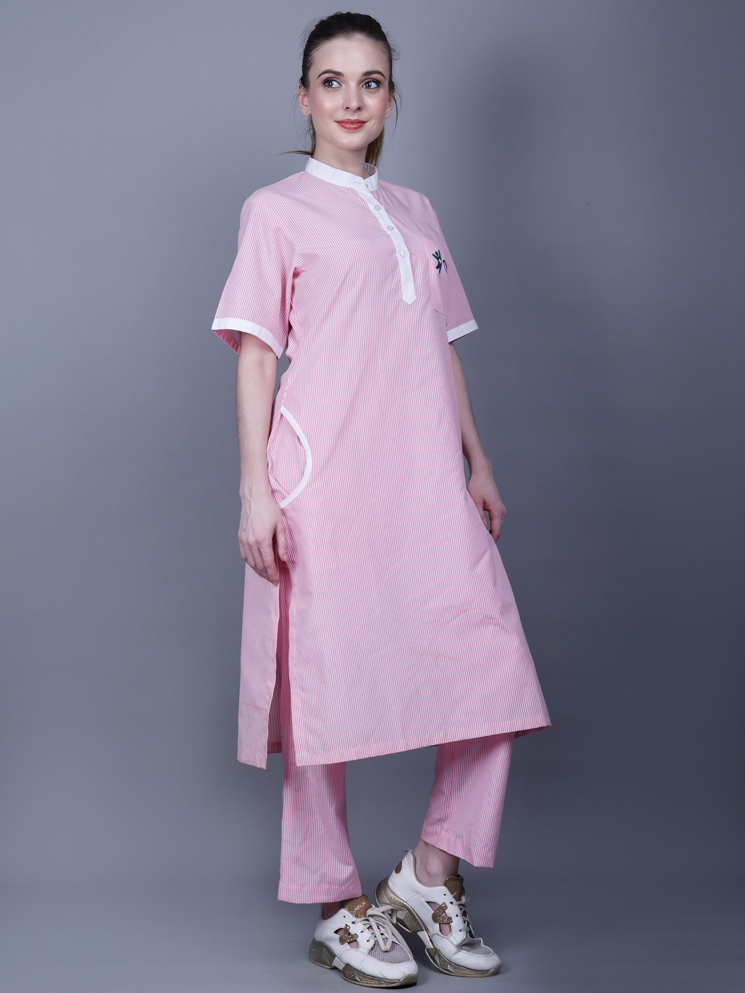 Medical Women Chinese Collar With Placket Neck Pink Scrub