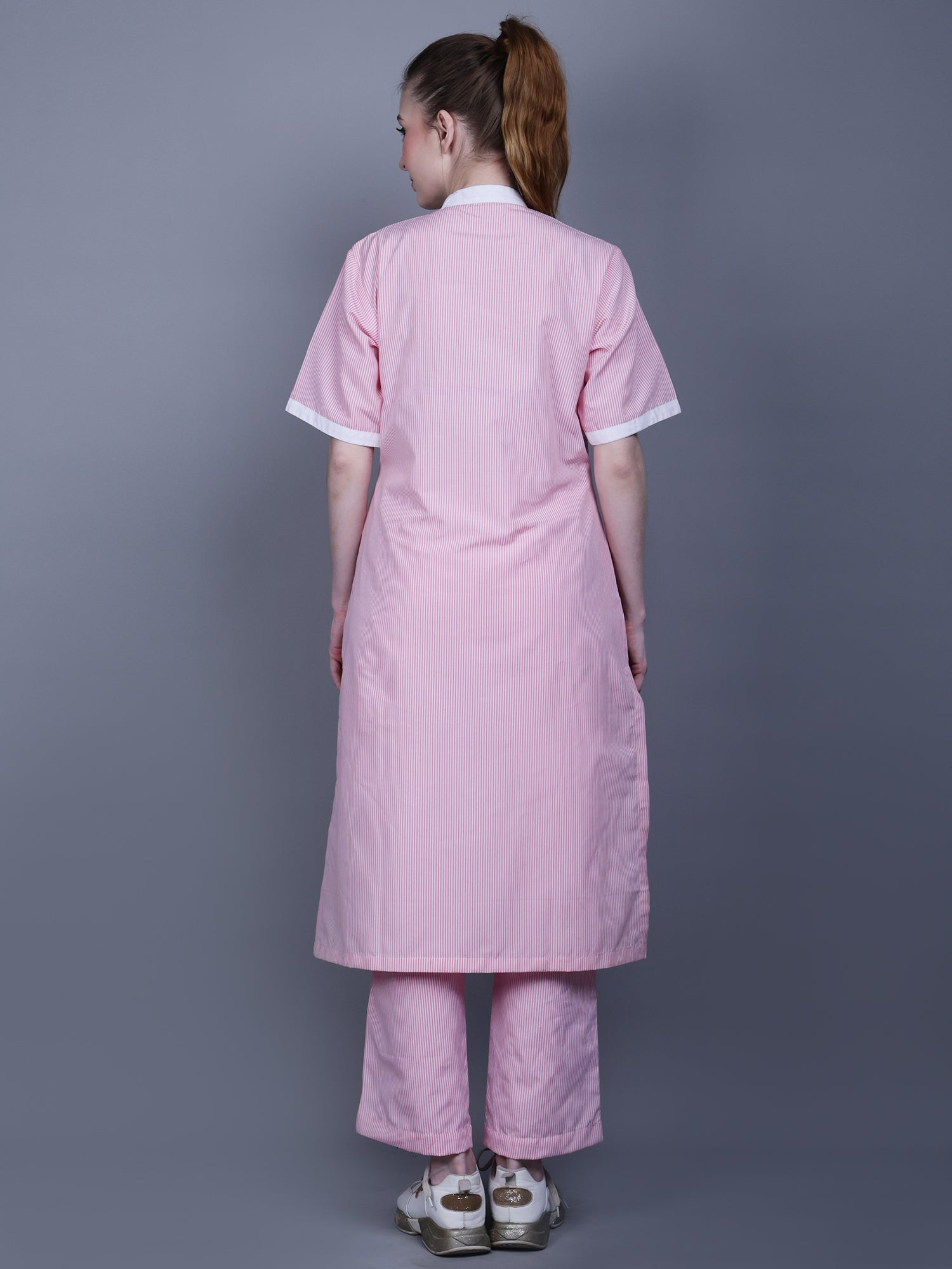 Medical Women Chinese Collar With Placket Neck Pink Scrub