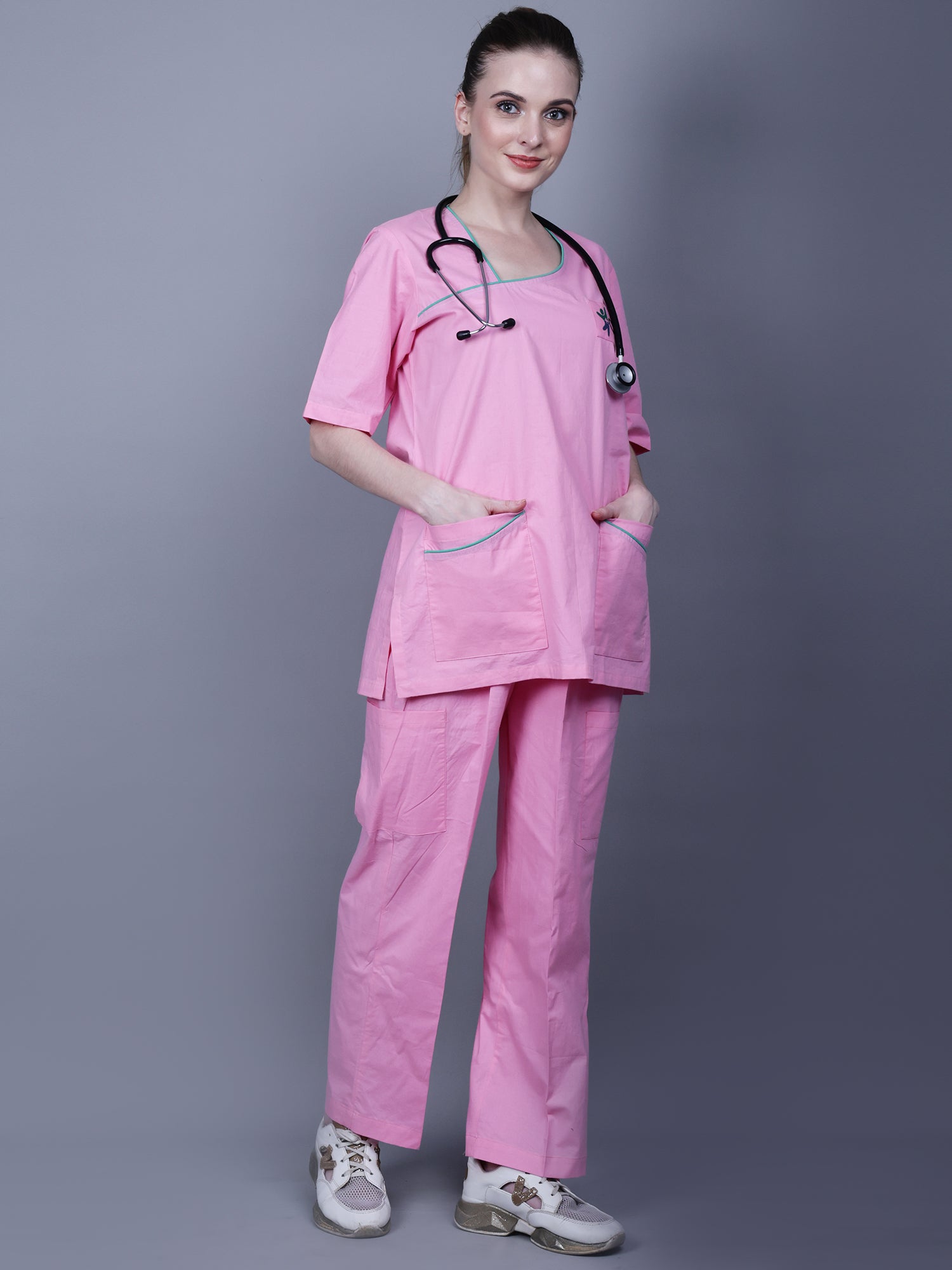 Medical Unisex Asymmetric Neck Pink Scrub