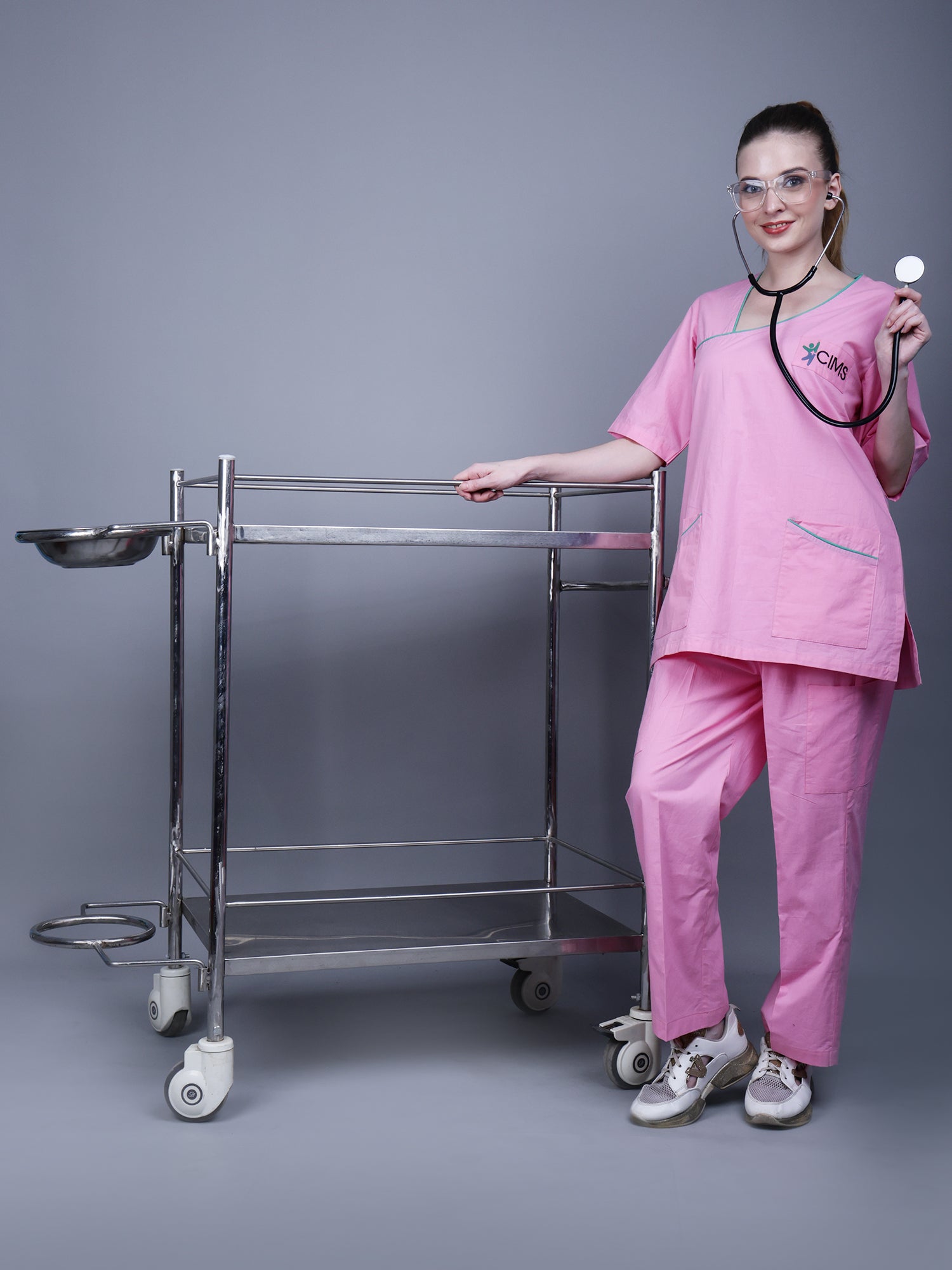 Medical Unisex Asymmetric Neck Pink Scrub