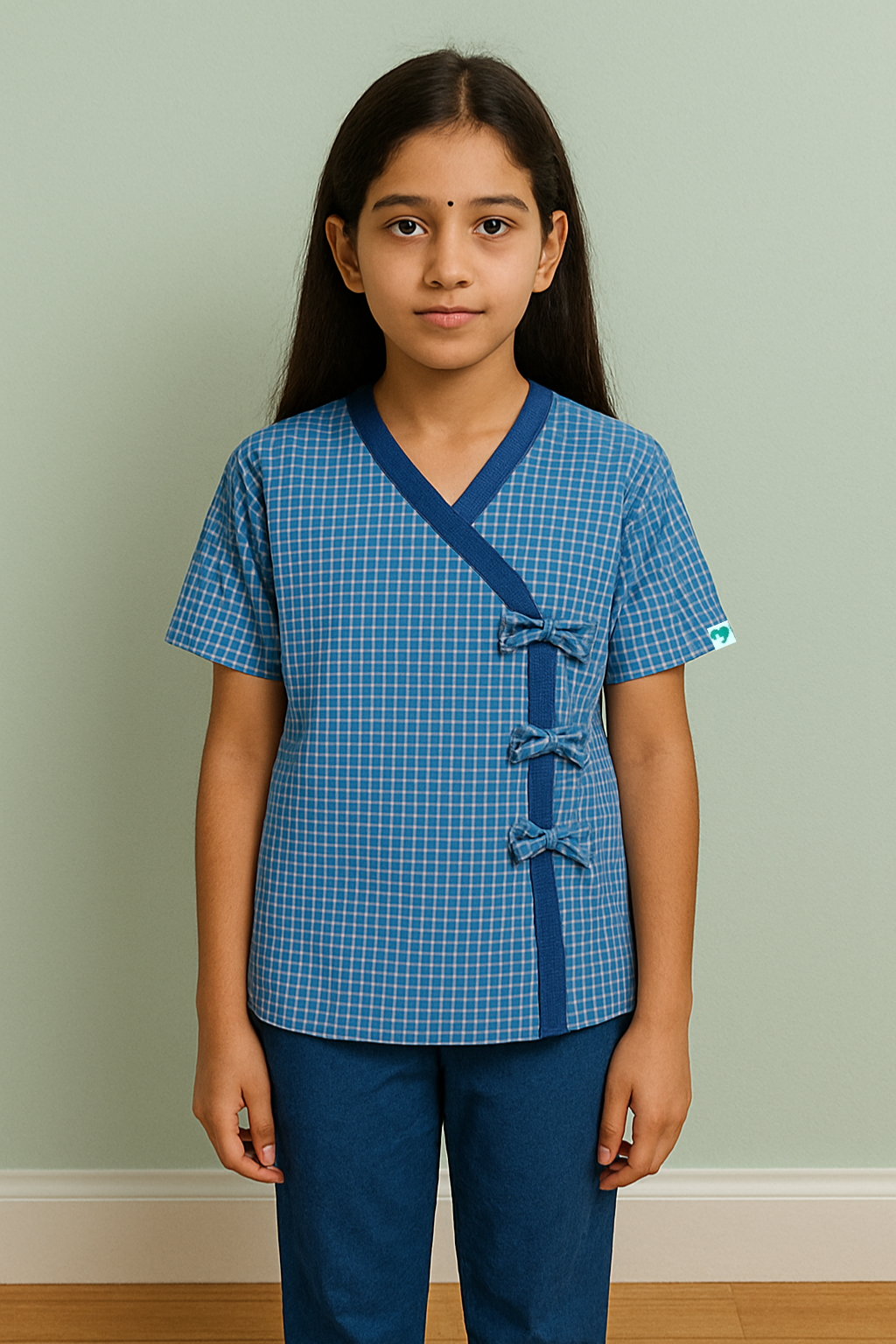 Blue V Neck Patient Dress For Kids Girl