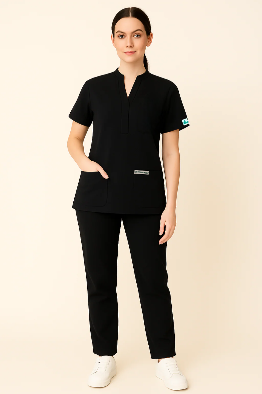 PRESTIGE 4 POCKET MANDARIN (BLACK) WOMEN SCRUB