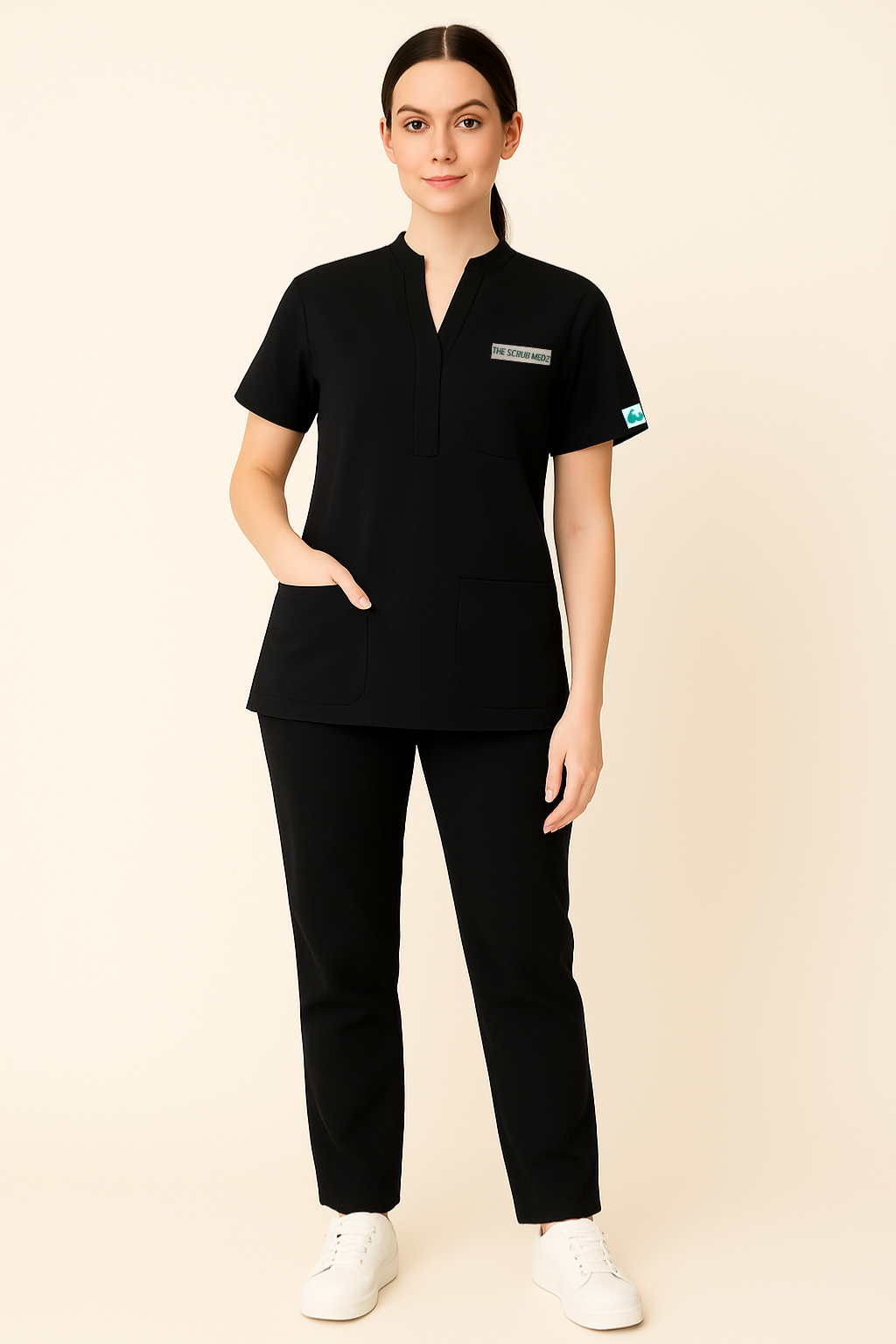 PRESTIGE 4 POCKET MANDARIN (BLACK) WOMEN SCRUB
