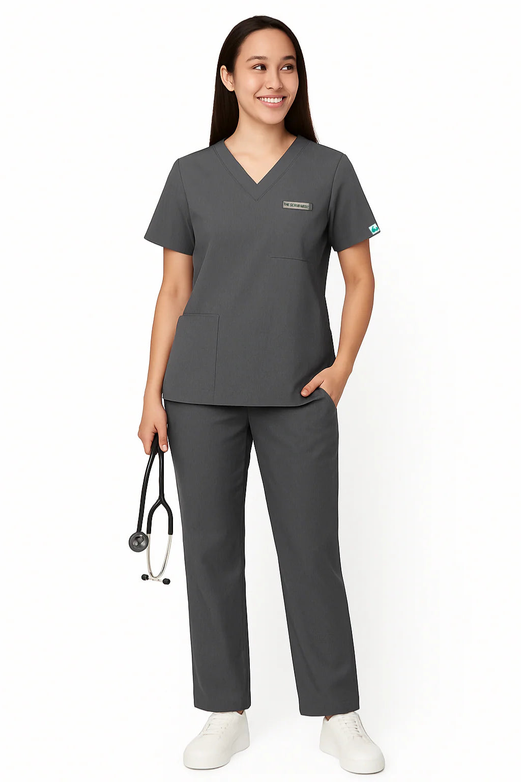 PRESTIGE 4 POCKET V NECK (GREY) WOMEN SCRUB