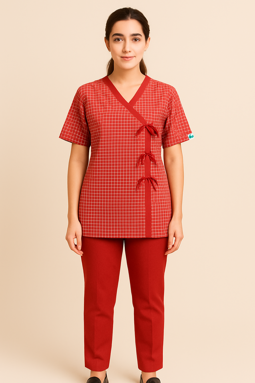 Red V Neck Patient Dress For Women