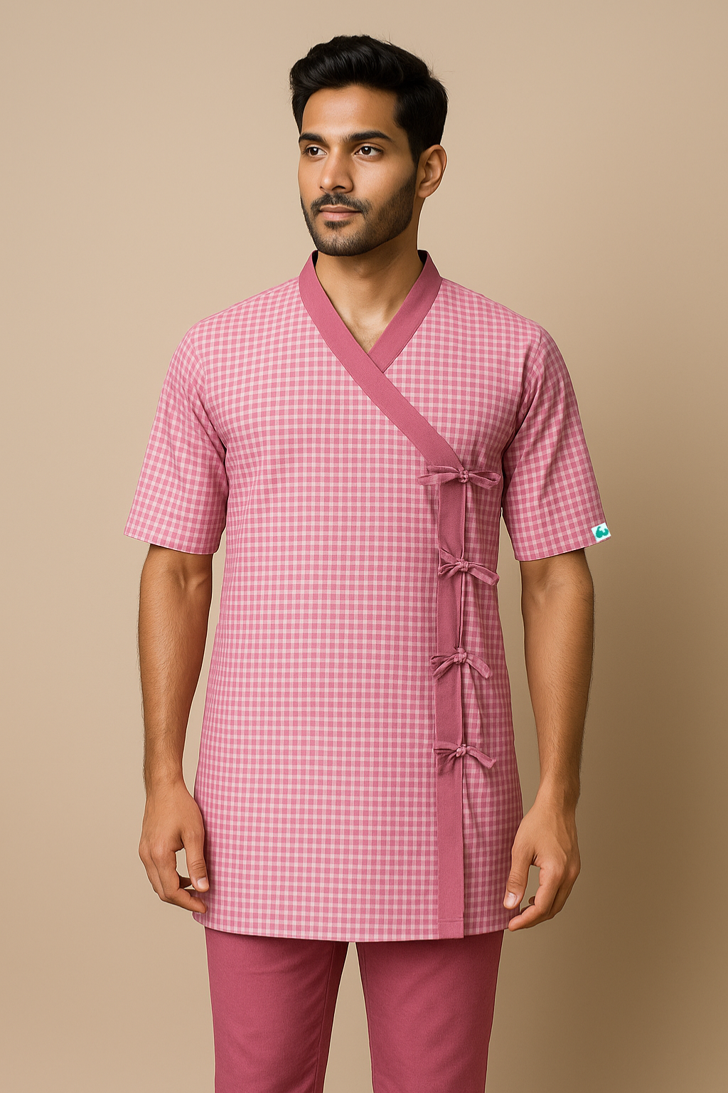 Pink V Neck Patient Dress For Men