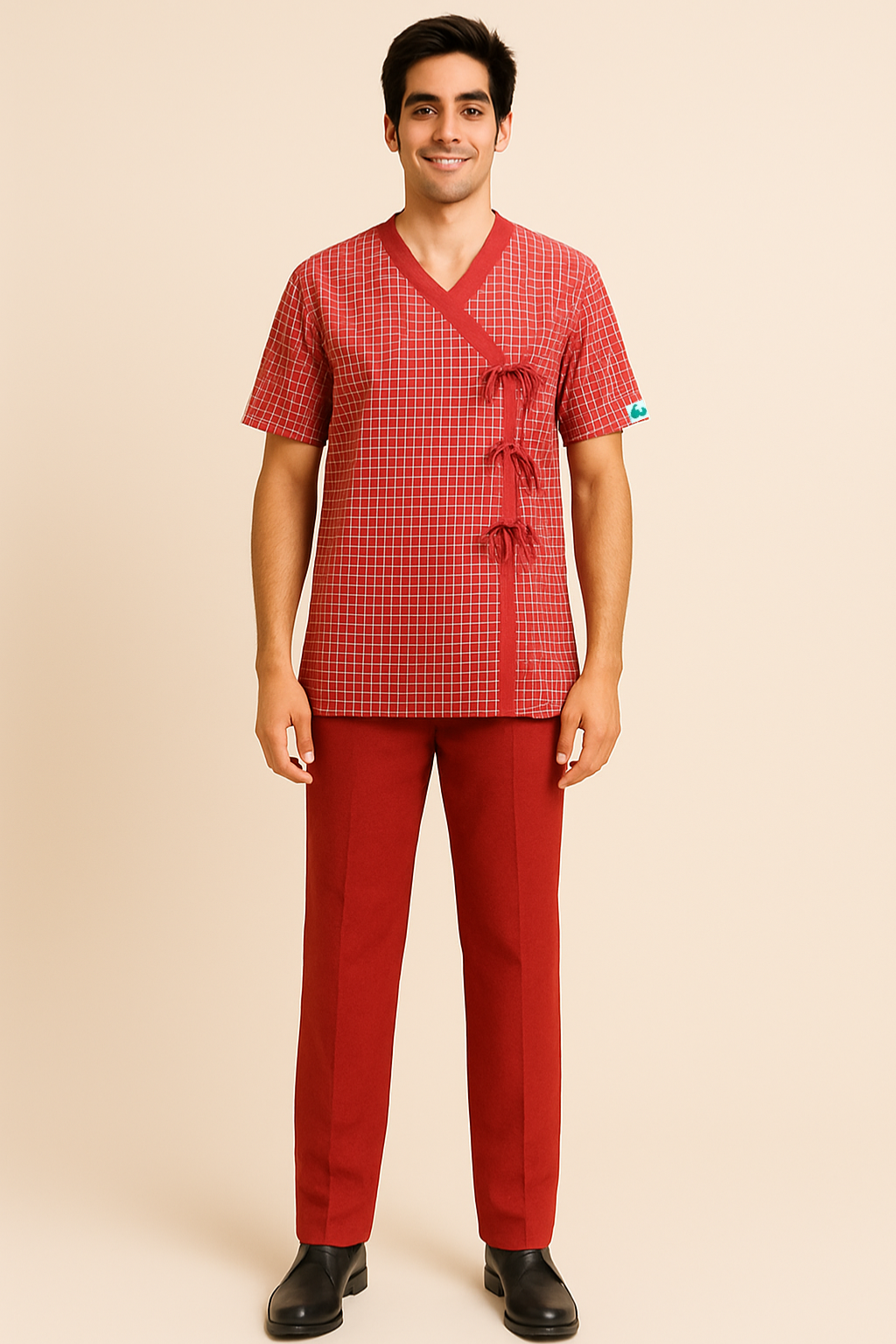 Red V Neck Patient Dress For Men